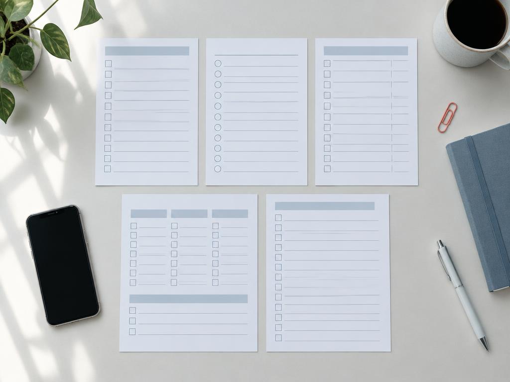 Cinco folhas de checklist e um celular sobre a mesa
